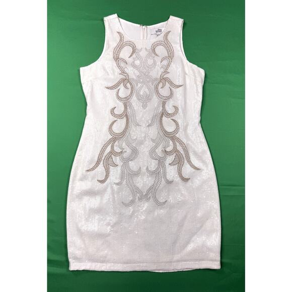 Belle Badgley Mischka Dresses & Skirts - Belle Badgley Mischka white sleeveless dress Sz 10 gold embroidery sequin